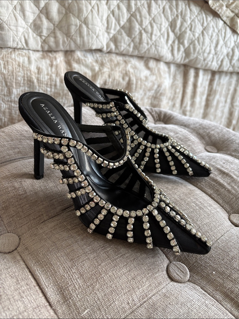 Azalea Wang Black Crystal-Embellished Pointed-Toe Heels